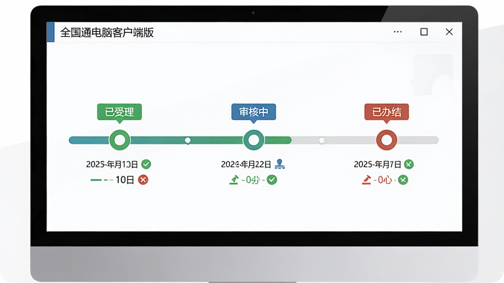 展示全国通电脑客户端版的进度追踪功能,主体为电脑界面中显示一条清晰的流程进度条,带有“已受理”、“审核中”、“已办结”等节点标识,布局为横向时间线,排版简洁明了,风格商务大气,细节包括每个节点下的具体日期与状态图标,画质高清专业,无多余元素