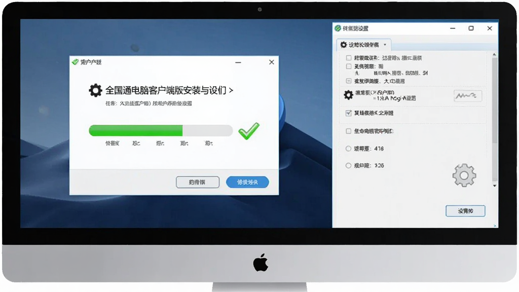 展示全国通电脑客户端版的安装与设置界面,主体为电脑屏幕显示安装向导以及设置选项,布局为左右分栏,排版清晰,风格实用,细节包括绿色对勾的安装进度条和齿轮图标,画质干净整洁,无多余元素