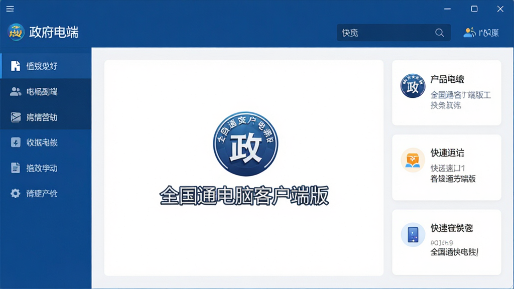 图片展示全国通电脑客户端版的主界面,主体是简洁的深蓝色导航栏与白色内容区域,正中显示“全国通电脑客户端版”字样与圆形政务图标,布局清晰,排版规整,风格现代扁平化,细节包括左侧功能菜单与右侧快捷入口卡片,画质高清干净,无多余元素