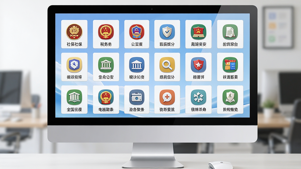 展示全国通电脑客户端版的功能聚合界面,主体为电脑屏幕中显示着排列整齐的各类政务图标,包括社保、税务、公安等,布局采用网格状分布,排版清晰,风格清新简洁,细节图标色彩分明,画质干净明亮,无多余元素