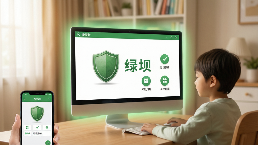 主体:绿坝软件主界面展示在电脑屏幕上,界面简洁明亮,显示绿色盾牌图标与“绿坝”字样,背景为温馨的家庭书房场景,孩子在一旁安静地使用电脑。布局:主界面居中,周围有柔和的浅绿色光晕,左下角放置一个家长手机端远程控制的示意图。排版:界面元素整齐排列,功能图标清晰可辨,文字标签醒目。风格:现代扁平化设计,色彩以绿色和白色为主,给人安全、清新之感。细节:盾牌图标上有细微的纹理,界面边缘有淡淡的阴影,整体画面干净无杂物。画质:高清渲染,光线柔和,无多余元素。