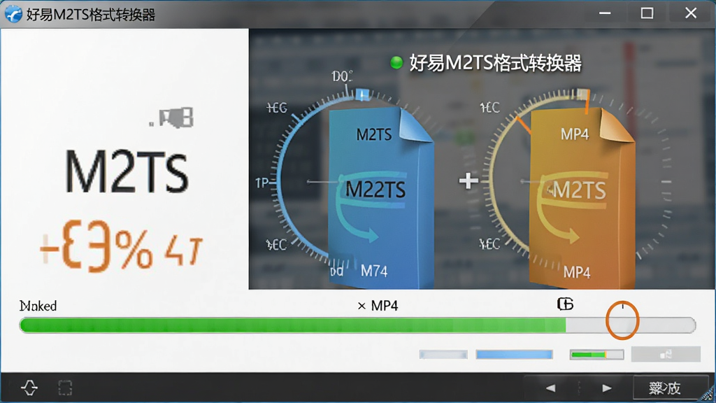 展示好易M2TS格式转换器转换过程的界面截图,显示一个M2TS文件正在转换为MP4格式,进度条正在快速推进,背景有速度对比数据,软件界面清晰,带有“好易M2TS格式转换器”标识,风格写实,画质清晰