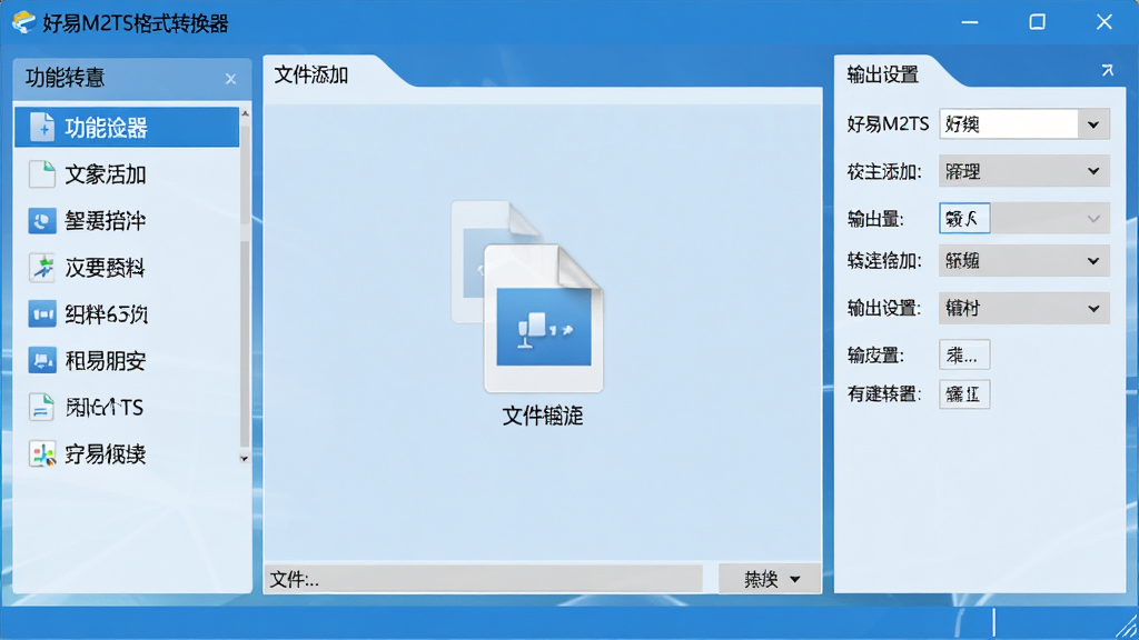 一幅展示好易M2TS格式转换器主界面的高清截图,界面布局清晰,左侧为功能列表,中间为文件添加区域,右侧为输出设置面板,整体采用蓝色调,风格简洁现代,画质清晰干净,无多余元素,图片中显示软件名称“好易M2TS格式转换器”字样