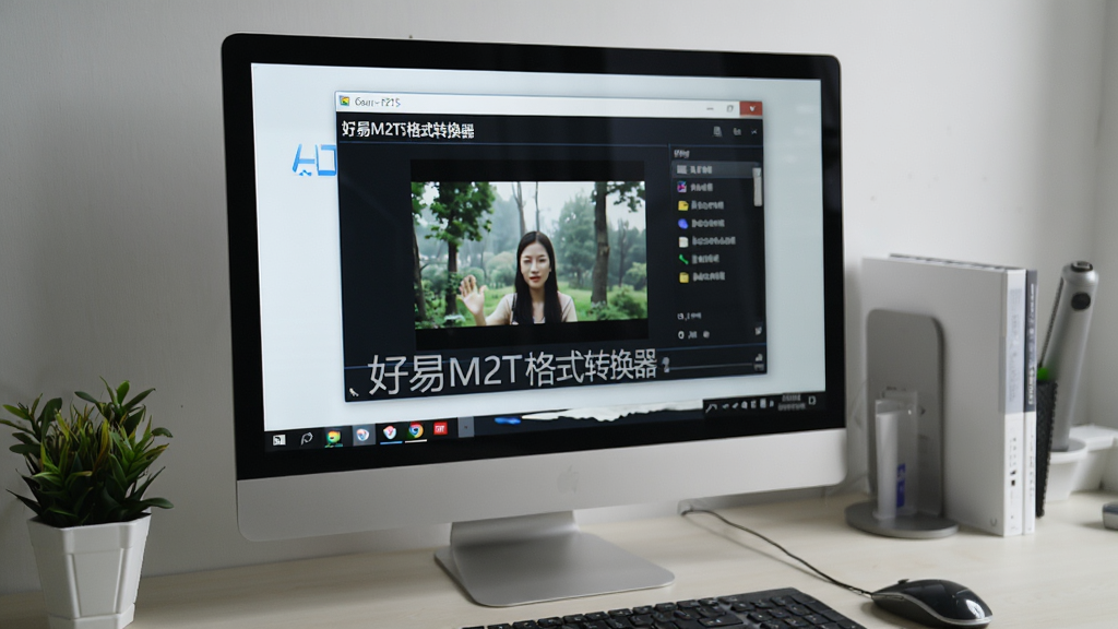 展示好易M2TS格式转换器在电脑上运行的实拍照片,电脑屏幕显示软件界面,正在转换一个视频文件,周围环境整洁,图片风格写实,画质清晰,带有“好易M2TS格式转换器”字样