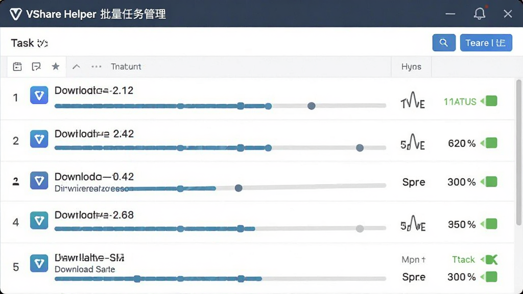 VShare Helper 批量任务管理界面,展示多个下载任务同时进行的列表,带有进度条、速度显示和状态图标,界面风格清爽,布局整齐,细节丰富,画质干净