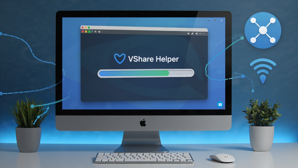 VShare Helper 使用指南插图,展示软件在电脑桌面运行的场景,背景有下载进度条和网络图标,风格写实,布局清晰,细节丰富,画质干净