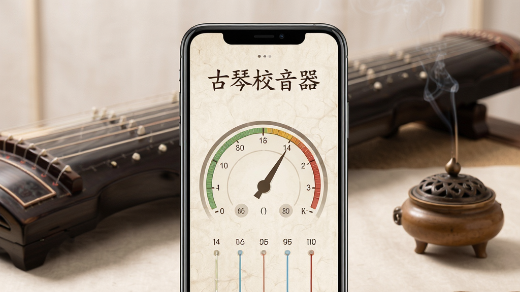 画面中央是一部智能手机,屏幕显示古琴校音器主界面,界面风格古朴淡雅,上方有“古琴校音器”字样,下方是大型指针式音准表与琴弦编号,背景是柔和的宣纸纹理,侧面摆放一张古琴与香炉,整体布局简洁干净,中式美学风格,画质高清,细腻温润,无多余元素。