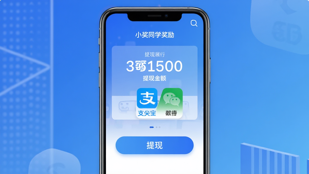 小奖同学奖励提现页面展示,手机屏幕中有提现金额数字和支付宝/微信图标,背景为渐变蓝色,界面简洁,突出“提现”按钮,画质干净,细节清晰,无多余元素