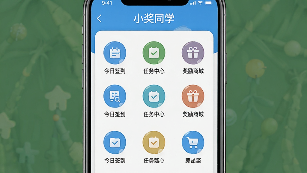 一张展示小奖同学应用主界面的手机截图,界面以清新蓝白为主色调,顶部显示“小奖同学”字样,下方排列今日签到、任务中心、奖励商城等圆形功能图标,整体布局简洁明快,画质干净清晰,细节丰富,无多余元素