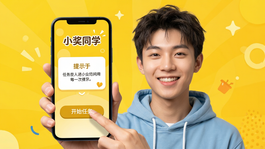 小奖同学应用欢迎页面,一位用户手持手机点击“开始任务”按钮,背景为明亮黄色调,人物面带微笑,界面元素包括“小奖同学”logo和任务提示框,整体风格活泼清新,画质高清,无多余元素