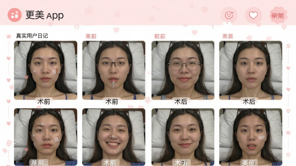更美app案例页面截图,展示多张术前术后对比照片,有文字标注