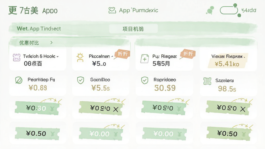 更美app价格对比页面,展示多个机构同一项目的价格列表,有折扣标签和优惠券图标,界面清爽,浅绿色点缀,高画质,无多余元素