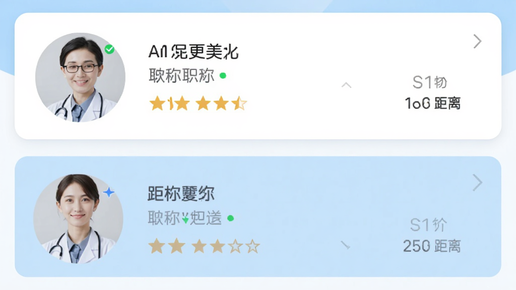 更美app机构列表页面,显示医生头像、职称、评分和距离,界面采用白色与浅蓝色搭配,卡片式布局,风格简洁专业,高画质,无多余元素
