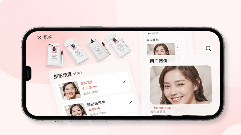 更美app主界面展示,手机屏幕内显示整形项目分类、机构列表和用户案例,背景为柔和的粉白色调,整体布局简洁现代,界面干净,高画质,无多余元素