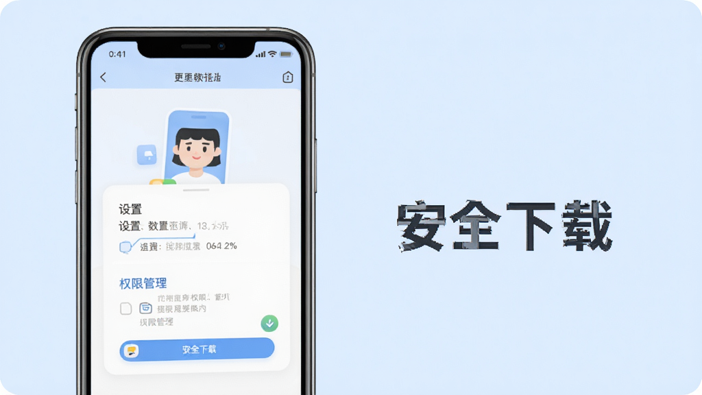 更美app使用教程示意图,手机屏幕显示设置页面和权限管理,旁边有文字标注