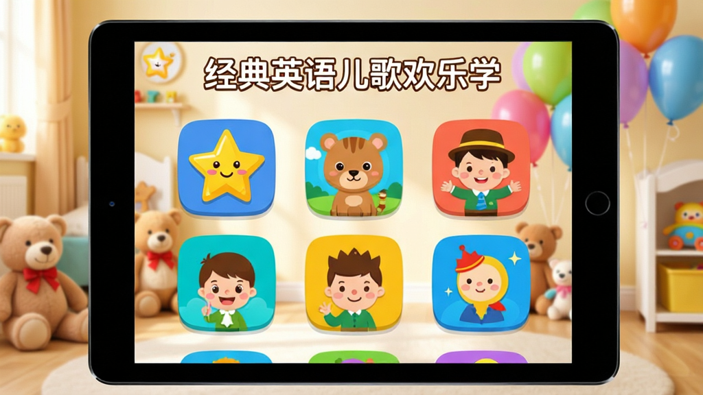 画面主体为一台平板电脑或智能手机,屏幕中展示“经典英语儿歌欢乐学”应用主界面,界面顶部显示应用名称“经典英语儿歌欢乐学”,下方排列多个色彩缤纷的儿歌图标,例如小星星、小动物、卡通人物等,背景为温馨的儿童房,有毛绒玩具和彩色气球,整体布局居中,排版简洁明快,采用扁平化卡通风格,细节丰富,色彩明亮饱和,高清画质,干净无多余元素,突出儿童英语启蒙的欢乐氛围。