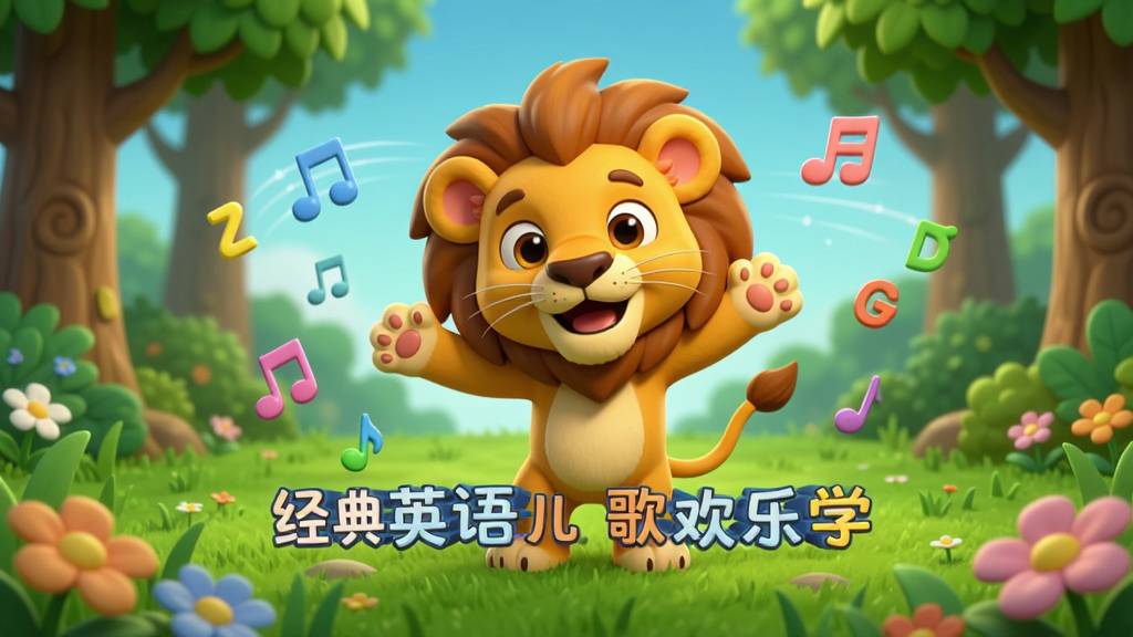 画面主体为“经典英语儿歌欢乐学”动画播放场景,屏幕中一只卡通小狮子正在跳舞,周围有音符和字母漂浮,背景为森林草地,角色表情欢快,整体布局饱满,排版活泼,采用3D卡通渲染风格,细节丰富如草丛花朵,画质高清,色彩鲜亮,干净无多余元素,展现趣味互动动画效果。