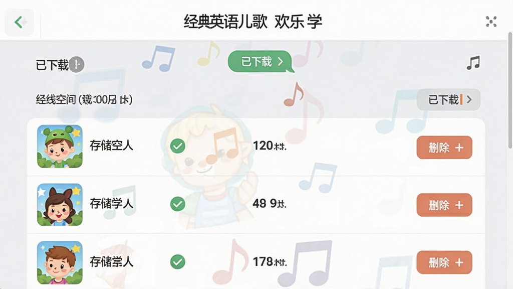 画面主体为“经典英语儿歌欢乐学”下载管理页面,屏幕中显示已下载的歌曲列表,每首歌旁有绿色对勾图标,顶部有“已下载”标签,背景为淡灰色,整体布局规整,排版简洁,采用扁平化UI风格,细节包括存储空间显示与删除按钮,画质高清,干净无多余元素,突出离线下载功能。