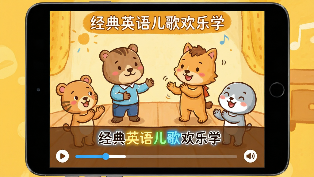 画面主体为“经典英语儿歌欢乐学”播放界面,屏幕中央正在播放一首儿歌动画,下方显示同步歌词,当前歌词以高亮颜色标出,旁边有可爱的卡通角色跟着节奏拍手,背景为暖黄色调,整体布局温馨,排版简洁,采用卡通手绘风格,细节包括播放进度条与音量控制,画质高清明亮,干净无多余元素,体现跟唱学习功能。