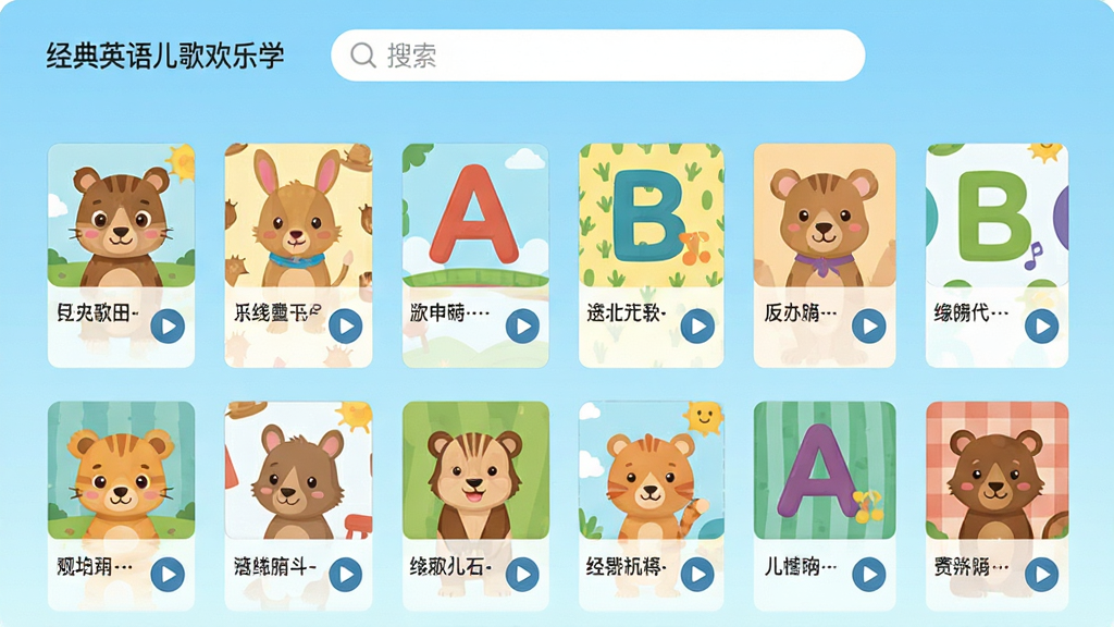 画面主体为“经典英语儿歌欢乐学”应用内的歌曲列表界面,屏幕上整齐排列多首儿歌封面缩略图,每张封面有不同卡通动物或字母图案,背景为浅蓝色渐变,顶部有搜索栏,整体布局清晰,排版整齐,采用扁平化设计风格,细节包括歌曲名称与播放按钮,画质高清,色彩柔和明快,干净无多余元素,突出海量儿歌资源。