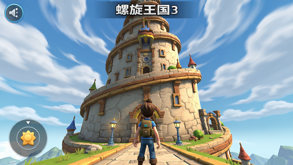 螺旋王国 3D(MOD菜单)游戏主界面截图,展示3D螺旋巨塔场景,角色站在塔前,天空云层流动,画面明亮,UI布局清晰,风格写实卡通,细节丰富,画质高,干净无多余元素