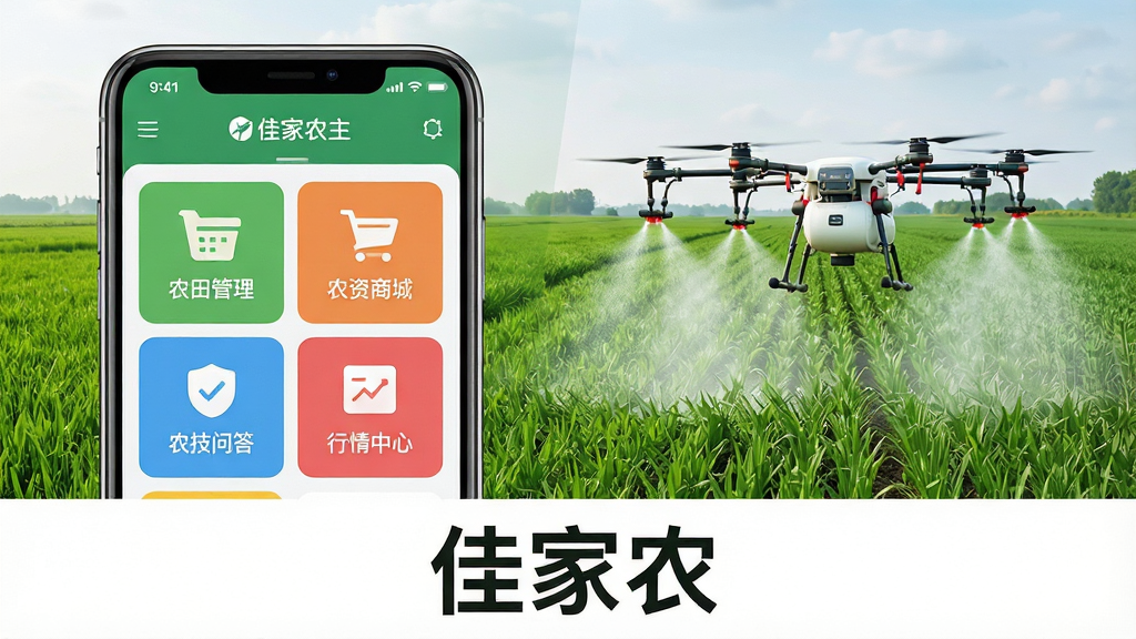 一张展示佳家农软件核心功能的宽幅宣传图,画面主体为智能手机屏幕显示佳家农主界面,界面包含农田管理、农资商城、农技问答、行情中心等彩色图标模块,背景配以翠绿农田与无人机喷洒的实景,整体布局采用左右分割式,左侧手机右侧田园风光,风格为现代扁平化结合写实,细节精致,画质高清干净,无多余元素,图片下方配有文字“佳家农”
