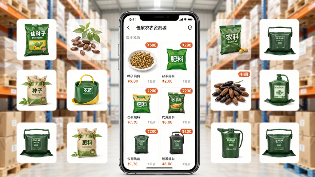 佳家农农资商城功能展示图,画面中央是手机屏幕,屏幕内显示商品列表,包括种子、肥料、农药等,每个商品有价格和销量标签,手机周围环绕着实物商品的小图,背景为浅色仓库货架,布局饱满,风格写实明亮,画质干净,无多余元素