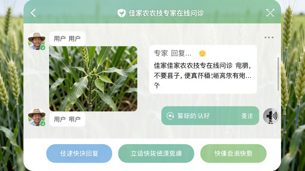 佳家农农技专家在线问诊界面,画面为手机聊天窗口,左侧是用户提问的农作物病害照片,右侧是专家回复的文字和语音条,下方有快捷回复按钮,背景虚化为绿色麦田,布局清晰,风格柔和,画质干净,无多余元素