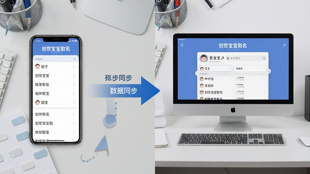 主体:创世宝宝取名软件在手机和电脑上的使用场景对比图。布局:左侧手机,右侧电脑,中间有数据同步箭头。排版:分屏式,背景为浅灰色工作台。风格:实用主义,简洁明了。细节:屏幕上显示名字列表,有“创世宝宝取名”标识。画质:高清,干净,无多余元素。