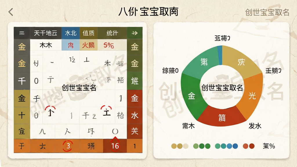 主体:创世宝宝取名软件中的八字分析页面,显示天干地支与五行统计图表。布局:左侧为八字排盘表格,右侧为五行占比环形图。排版:数据清晰,色彩区分五行(金木水火土)。风格:简洁专业,背景为浅米色纸纹。细节:图表上有“创世宝宝取名”水印,关键数据用红色标出。画质:清晰细腻,干净,无多余元素。