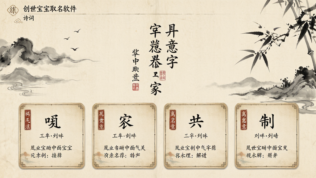主体:创世宝宝取名软件的诗词汇页面,展示一句诗词与对应的名字推荐。布局:上方诗句竖排,下方名字卡片横向排列。排版:古典书籍风格,米黄底色,竖排文字。风格:古风雅致,水墨画元素点缀。细节:名字卡片带有出处标注和寓意解释。画质:高清质感,干净,无多余元素。
