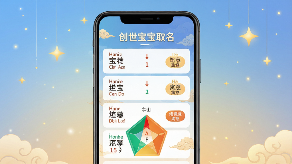 主体:创世宝宝取名软件界面展示,手机屏幕内显示宝宝名字推荐列表与五行分析图。布局:居中构图,手机为主体,背景为柔和的渐变蓝色与金色星光点缀。排版:界面清晰,列表项整齐排列,上方有“创世宝宝取名”字样。风格:现代科技感结合传统中国风,色彩明亮温暖。细节:屏幕中名字带有拼音、笔画和寓意小标签,背景有祥云纹理。画质:高清渲染,干净,无多余元素。