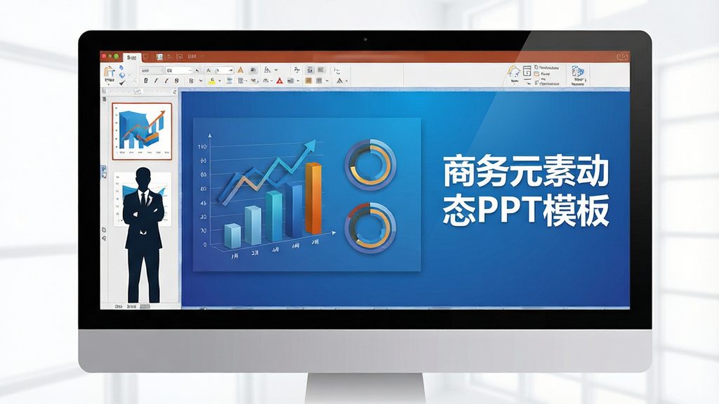商务元素动态PPT模板主视觉图,画面中央展示电脑屏幕中的PPT编辑界面,屏幕内呈现蓝色渐变背景的商务幻灯片,包含动态图表、立体柱状图、圆形数据环,左侧有商务人物剪影,右侧为标题文字“商务元素动态PPT模板”,整体布局均衡,排版清晰,风格现代简约,细节丰富,画质高清,干净无多余元素。