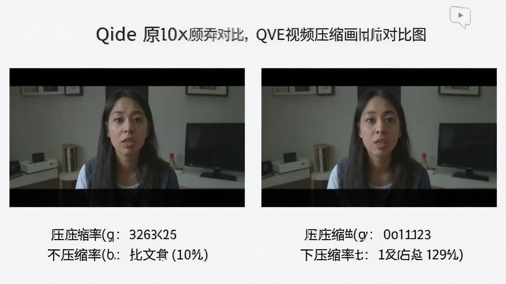 QVE视频压缩画质对比图,左侧为原视频截图,右侧为压缩后截图,两者视觉差异极小,下方标注压缩率与文件大小,背景为浅白色,风格简约清晰