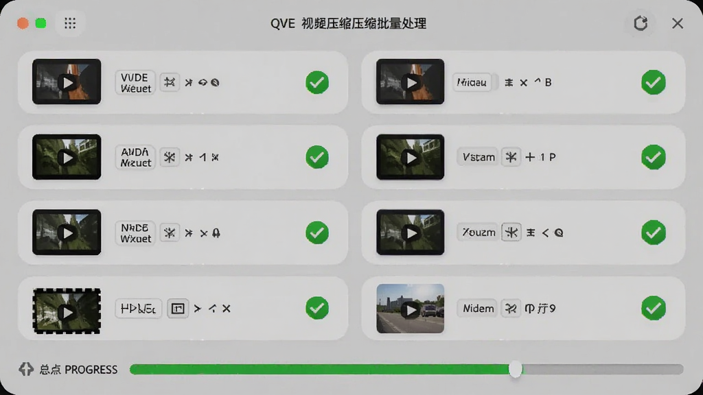 QVE视频压缩批量处理界面,多个视频文件以列表形式排列,每个文件旁有绿色对勾状态图标,底部显示总进度条,界面采用浅灰色调,圆角卡片设计,干净整洁