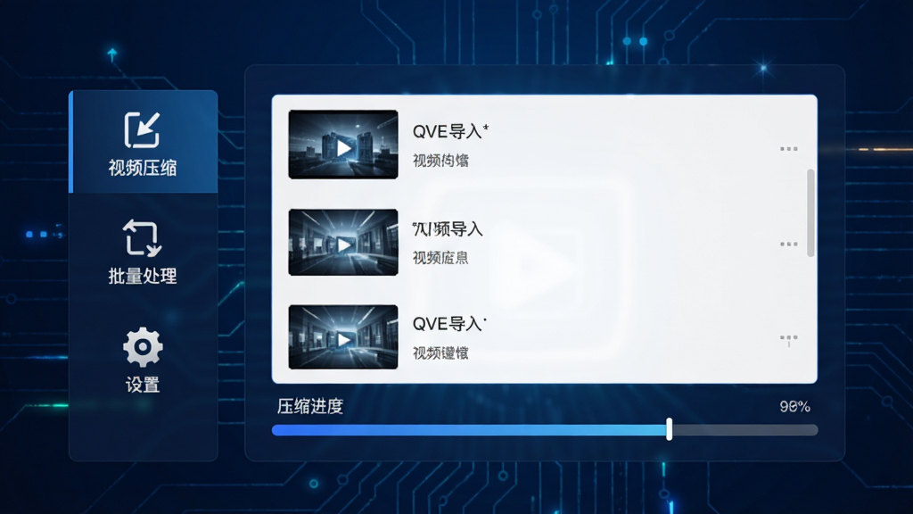 QVE视频压缩主界面预览,深蓝色科技感背景,界面中央显示视频导入列表和压缩进度条,左侧功能栏包含“视频压缩”“批量处理”“设置”图标,整体风格简洁现代,高清画质,干净无多余元素