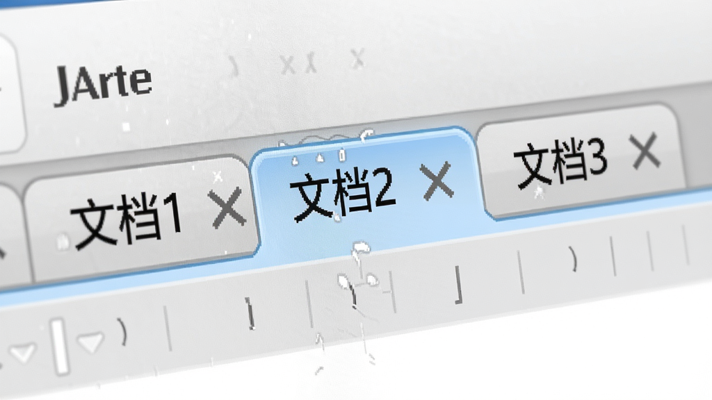 主体:Jarte软件的选项卡式界面特写,多个文档标签并排。布局:标签栏位于编辑区上方,当前活动标签高亮。排版:标签文字清晰,关闭按钮明显。风格:简洁商务风。细节:标签上分别显示“文档1”、“文档2”、“文档3”,其中一个标签处于激活状态。画质:高清,干净,无多余元素。