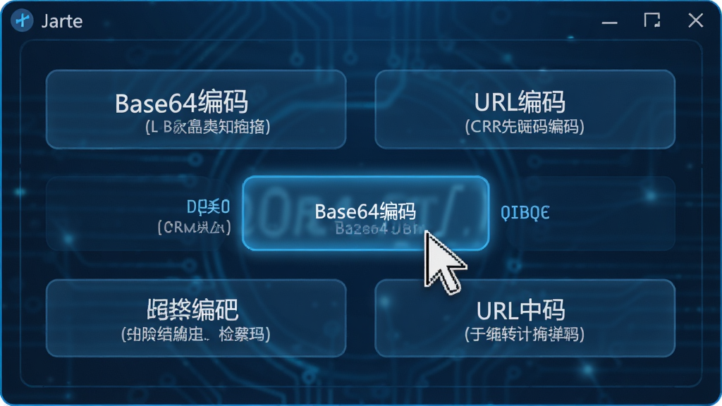 主体:Jarte软件的文本转换工具面板。布局:面板内有多个转换选项按钮,如“Base64编码”、“URL编码”。排版:选项排列整齐,每个按钮旁有简短说明。风格:科技感,蓝色调。细节:鼠标指针悬停在“Base64编码”按钮上。画质:高清,干净,无多余元素。