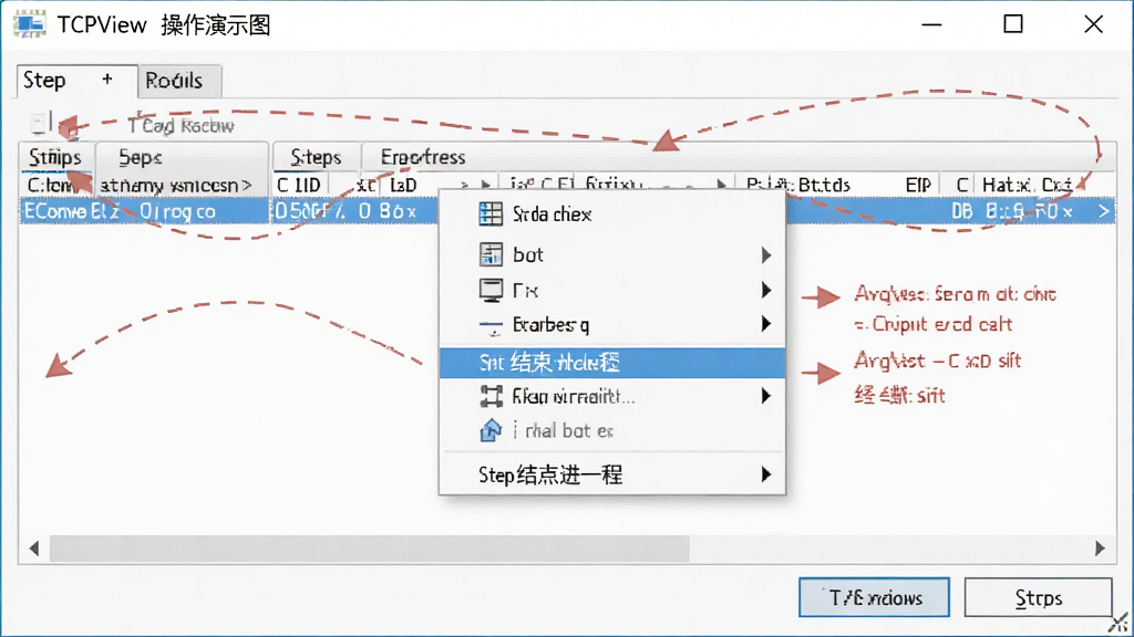 TCPView操作演示图,用户正在右键点击连接,弹出菜单显示结束进程选项,界面清晰,步骤指示明确,画质干净