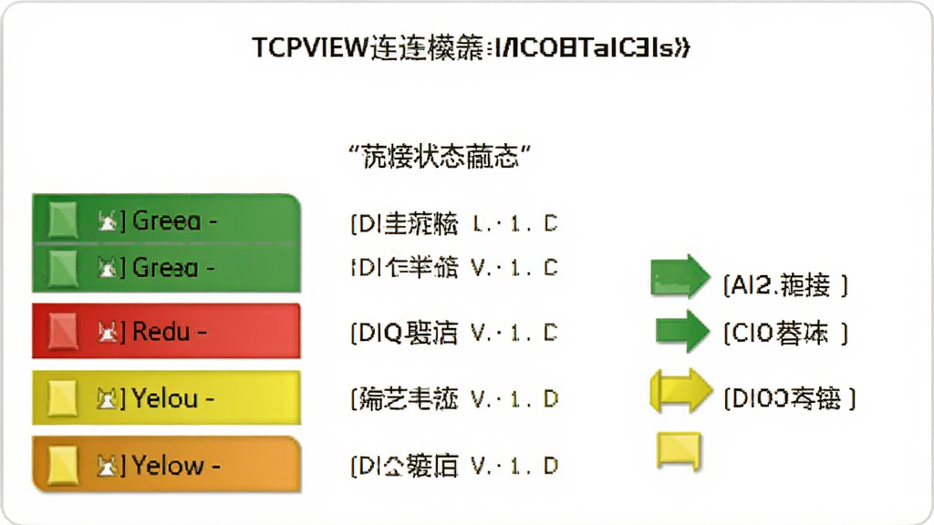TCPView连接状态颜色标识示意图,绿色、红色、黄色分别标注,图例清晰,背景白色,画质干净