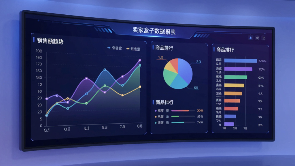卖家盒子数据报表功能展示图,画面中是一块大屏幕,上面显示各种彩色数据图表,包括折线图、饼图,旁边有“销售额趋势”、“商品排行”等文字,整体风格科技感,蓝紫色调,画面清晰,无杂物。
