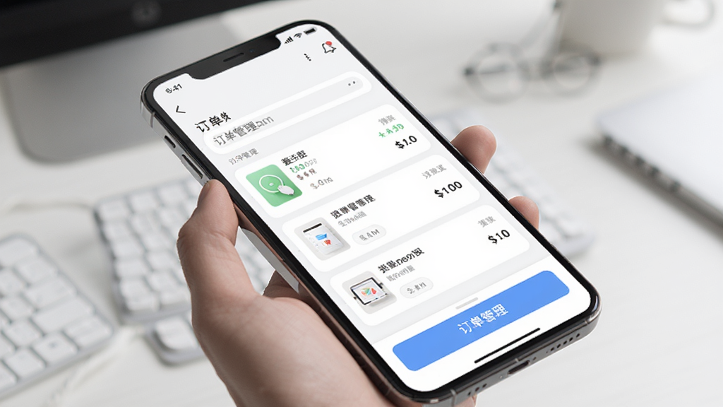 展示卖家盒子移动端APP的截图,画面为手机屏幕,上面显示订单管理页面,有清晰的列表和按钮,背景为浅色,整体风格简洁,画质干净,突出移动办公的便利性。