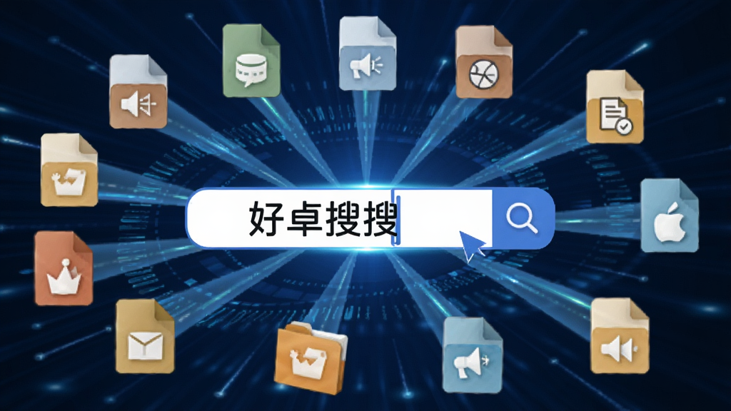一张动态效果示意图,中央是“好卓搜搜”的搜索框,输入关键词后,周围放射出多条光线连接至各类文件图标,象征快速检索,背景为深蓝色科技感光效,文件图标清晰可辨,整体布局有冲击力,画质清晰,无多余元素