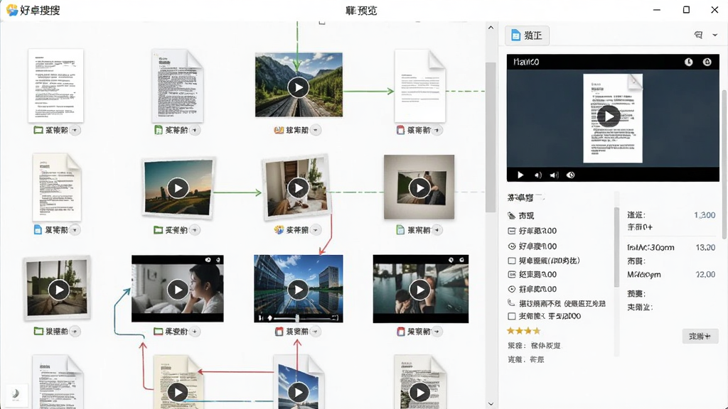 展示“好卓搜搜”软件预览功能的截图,界面中混合显示文档、图片、视频等多种格式文件,窗口右侧显示选定文件的预览详情,画面采用桌面端浅色主题,文件缩略图清晰,布局整洁有序,画质高清,无多余元素