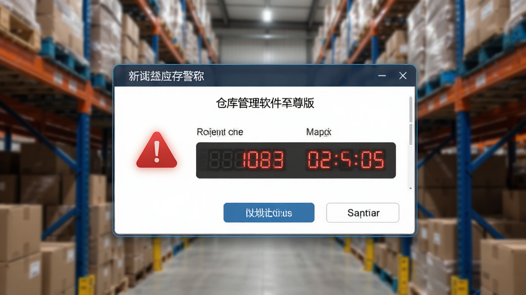 画面主体为象过河仓库管理软件至尊版的库存预警弹窗界面,背景为仓库货架特写。布局中心突出预警对话框,显示商品名称和库存数量。排版简洁,红色警示图标醒目,风格科技感。细节包括库存数字跳动,背景虚化。画质清晰,干净无多余元素。