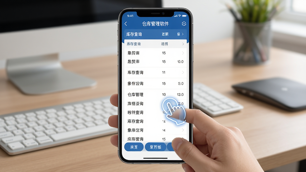 画面主体为象过河仓库管理软件至尊版在手机上的运行界面,背景为办公桌面。布局手机屏幕居中,显示库存查询列表。排版清晰,风格简洁。细节包括触摸操作手势,界面适配良好。画质高清,干净无多余元素。