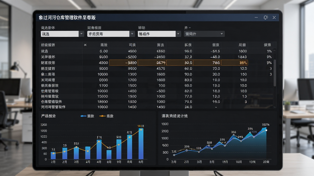 画面主体为象过河仓库管理软件至尊版的财务报表界面,背景为办公室场景。布局上方为筛选条件,中间为表格数据,下方为统计图表。排版整齐,风格简约商务。细节包括数据高亮,图表动态展示。画质高清,干净无多余元素。