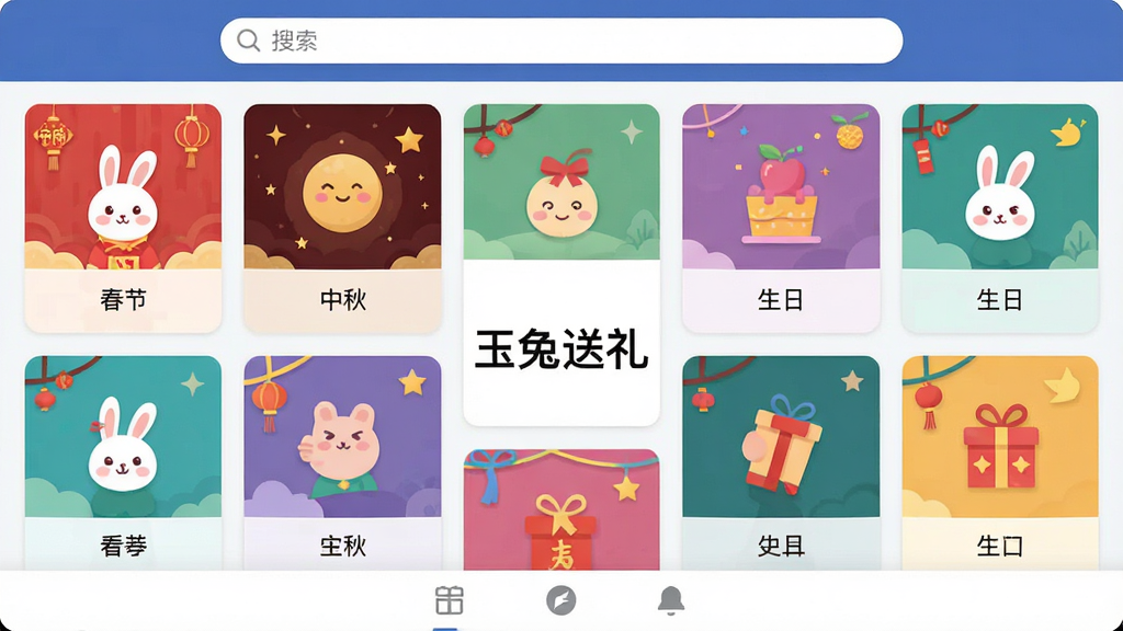 主体:玉兔送礼软件界面截图,显示多种送礼场景选项。布局:界面顶部为搜索栏,下方为网格状场景卡片,每个卡片上有不同的节日图标。排版:卡片整齐排列,色彩各异,中心位置有“玉兔送礼”字样。风格:现代扁平化UI设计,简洁清晰。细节:卡片上有“春节”、“中秋”、“生日”等文字标签,底部有导航栏。画质:高清,干净,无多余元素。