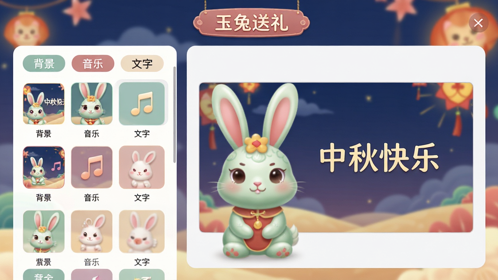 主体:玉兔送礼的个性化定制界面,展示背景、音乐、文字选项。布局:左侧为素材列表,右侧为预览区域,中央是玉兔形象。排版:列表清晰,预览区域实时显示效果,顶部有“玉兔送礼”标识。风格:清新简洁的UI风格,色彩柔和。细节:有“背景”、“音乐”、“文字”标签,预览区显示“中秋快乐”字样。画质:高清,干净,无多余元素。