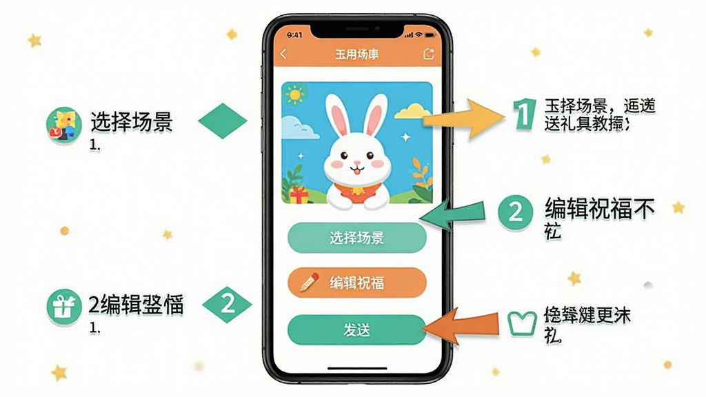 主体:手机屏幕上显示玉兔送礼的使用教程界面,有步骤指示。布局:手机居中,屏幕内展示应用主界面和操作按钮,周围有箭头标注。排版:教程步骤以数字标号排列,清晰易懂。风格:扁平化插画风格,色调明亮。细节:屏幕上有“选择场景”、“编辑祝福”、“发送”字样,箭头指向相应按钮。画质:高清,干净,无多余元素。
